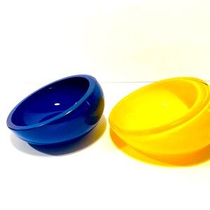 Tappio Wirkkala Modernist Hand Blown Art Glass Bowls Yellow & Cobalt Blue Signed